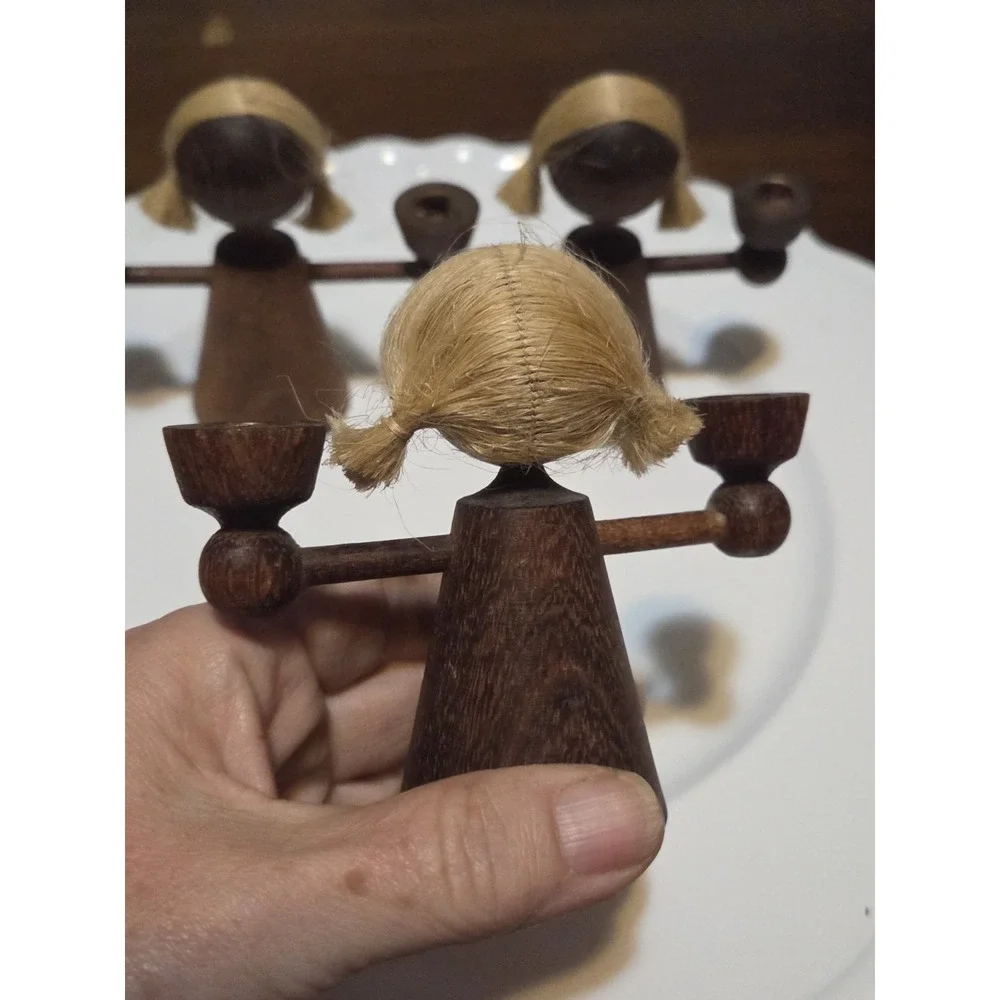 vintage Erzgebirge GDR wooden candle holder, Faceless Children